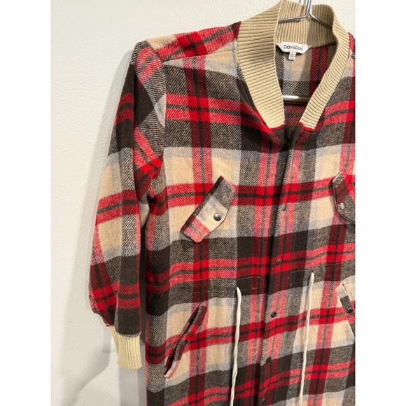 Davi & Dani Shacket Women's Large Red Plaid Flannel Drawstring Waist 3/4 Sleeve - Picture 6 of 7